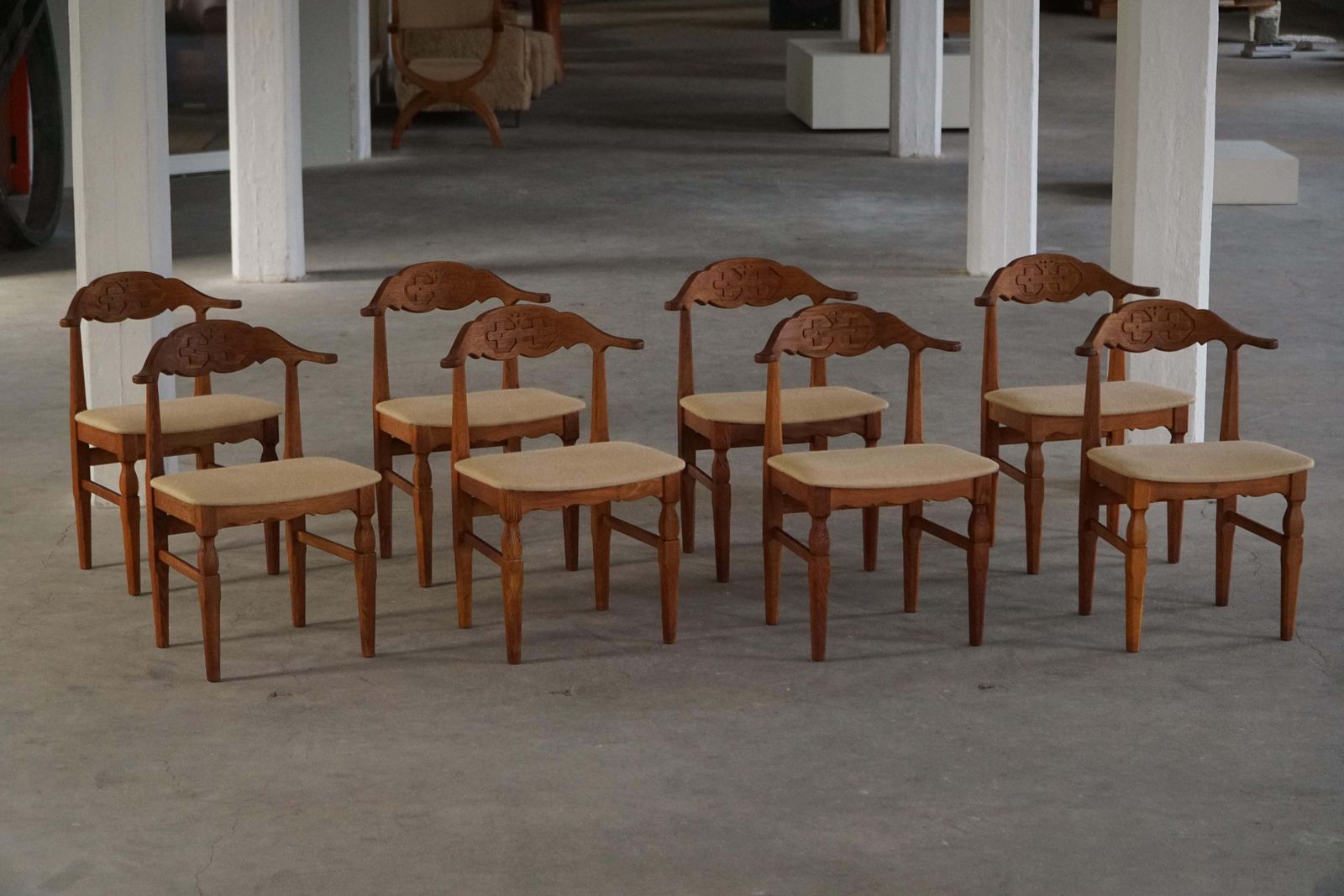 Henning Kjærnulf, Set Of 8 Chairs In Oak & Hessian, Danish Mid Century, 1960s photo 4776.0