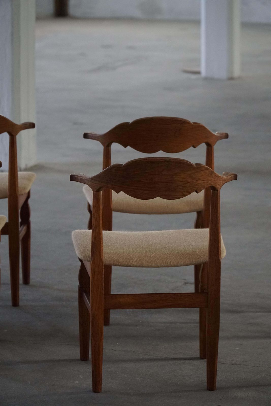 Henning Kjærnulf, Set Of 8 Chairs In Oak & Hessian, Danish Mid Century, 1960s photo vintage