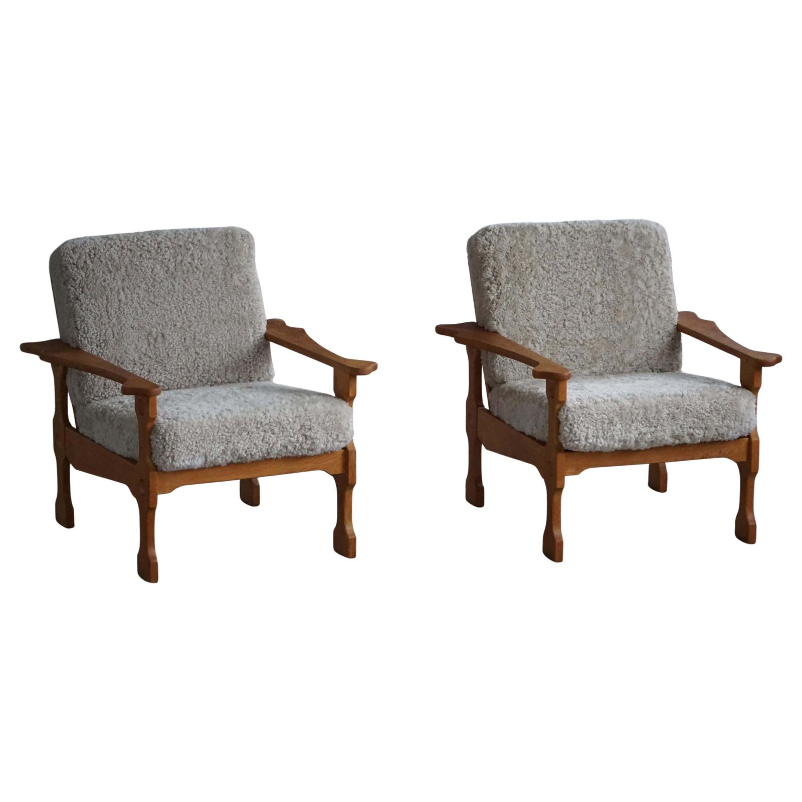 Danish Modern, Pair Of Lounge Chairs In Oak & Lambswool, Henning Kjærnulf, 1960s