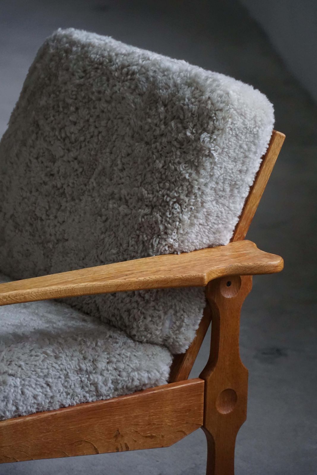 photo for sale Danish Modern, Pair Of Lounge Chairs In Oak & Lambswool, Henning Kjærnulf, 1960s
