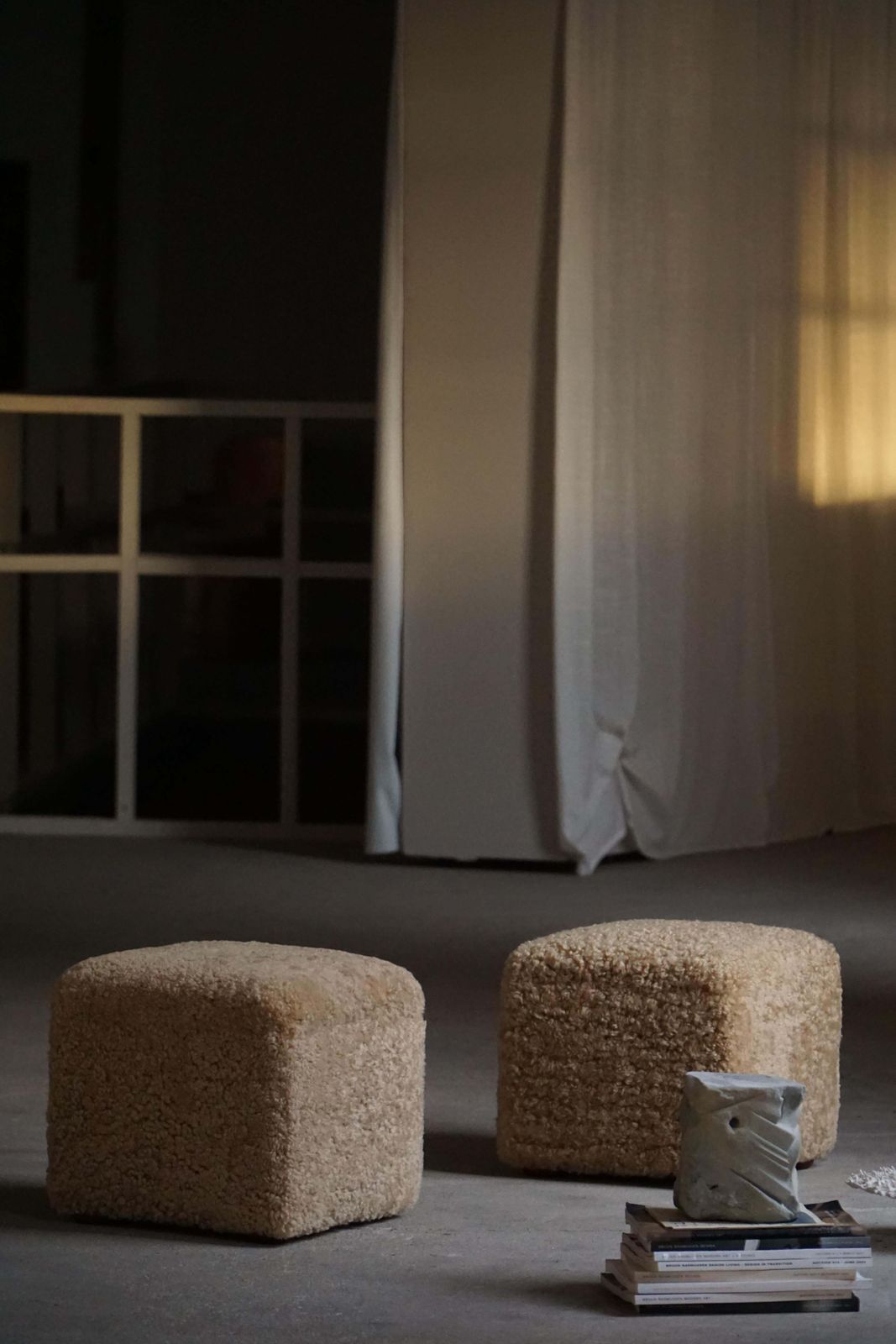French Mid Century Modern, A Pair Of Cube Poufs / Stools In Lambswool, 1960s photo Furniture