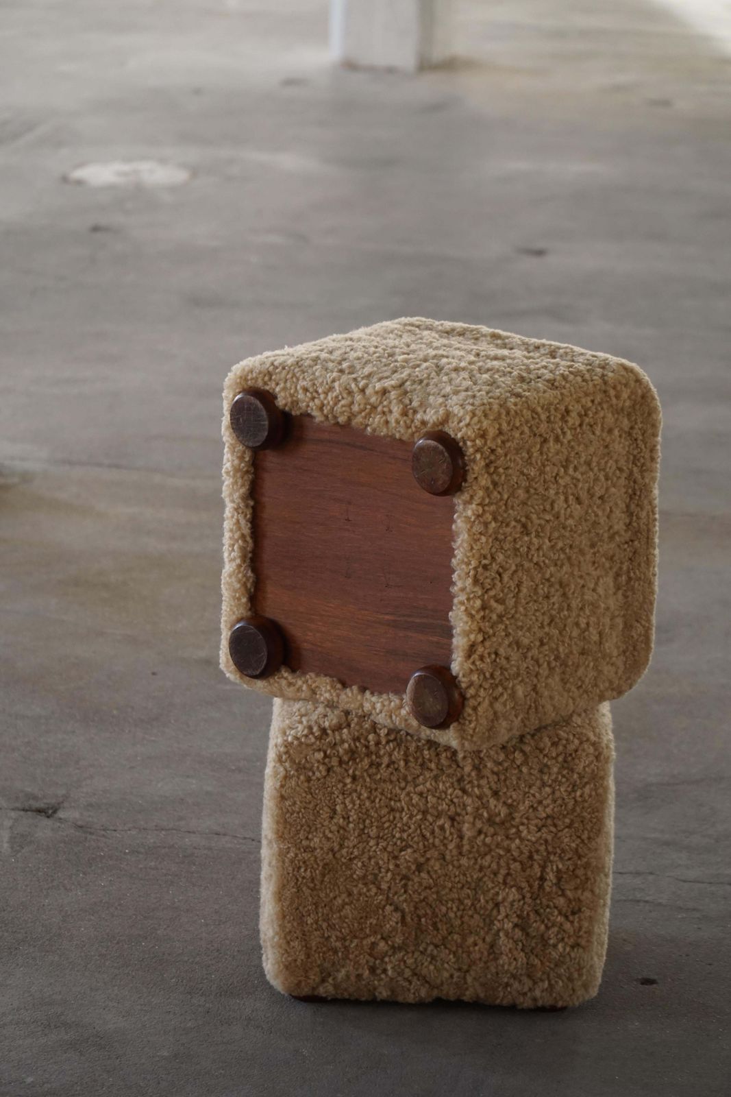 French Mid Century Modern, A Pair Of Cube Poufs / Stools In Lambswool, 1960s photo vinterior
