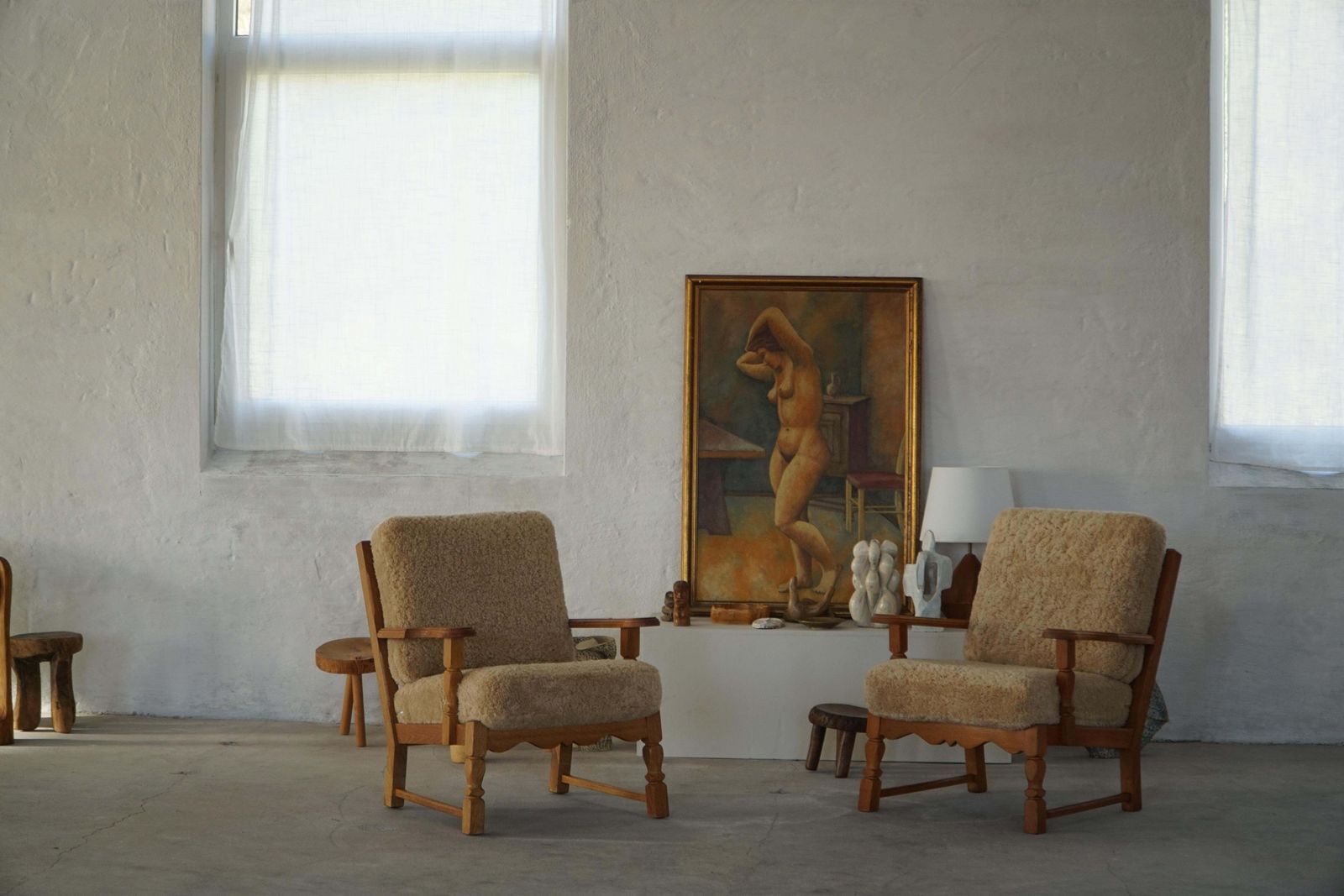 Danish Modern, Pair Of Lounge Chairs In Oak & Lambswool, Henning Kjærnulf, 1960s photo Furniture