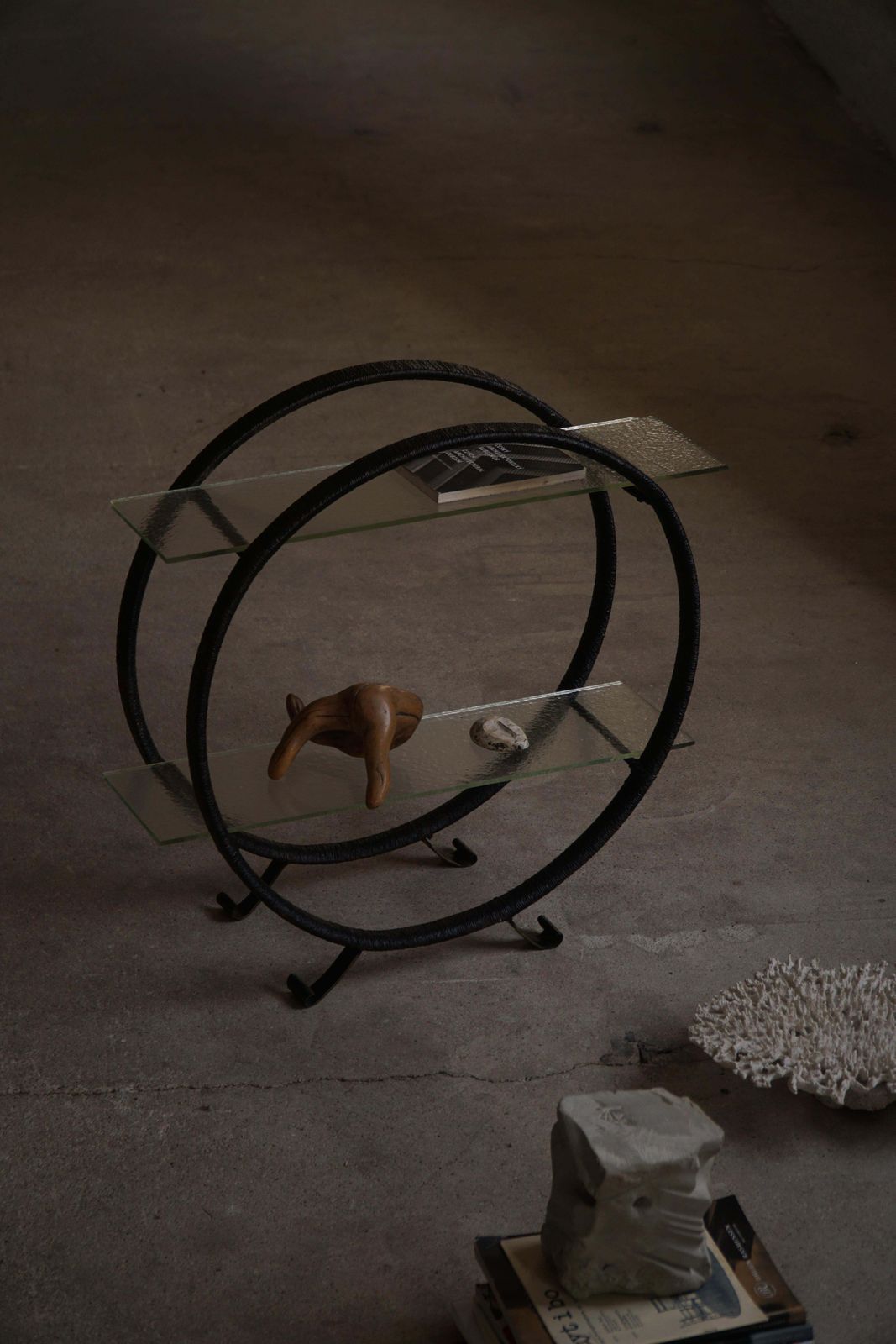 Decorative Shelf Unit, Round Metal Frames With Curved Legs & Glass Shelves, 1960 photo Furniture