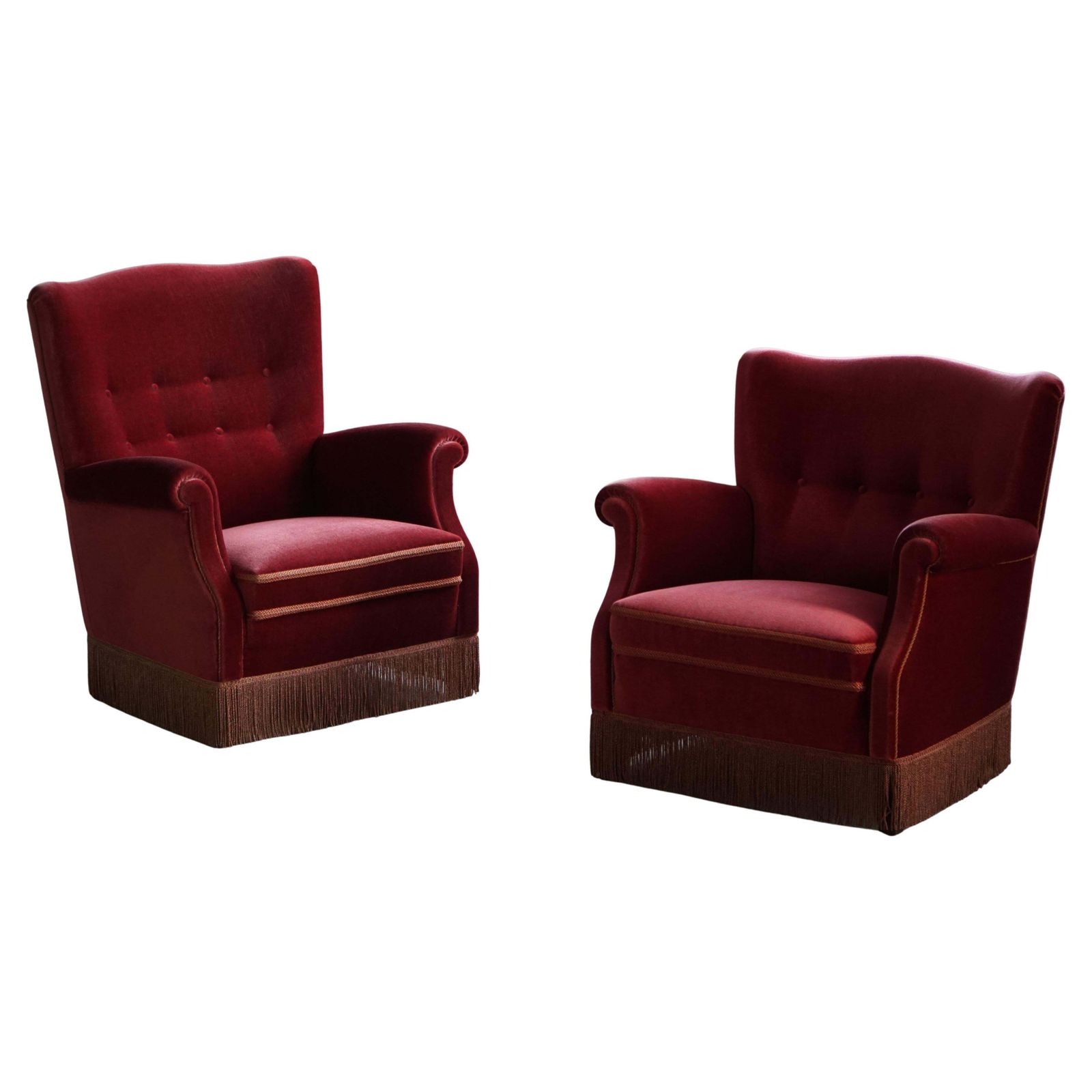 Pair Of Danish Modern Lounge Chairs, Cherry Red Velvet, 1950s