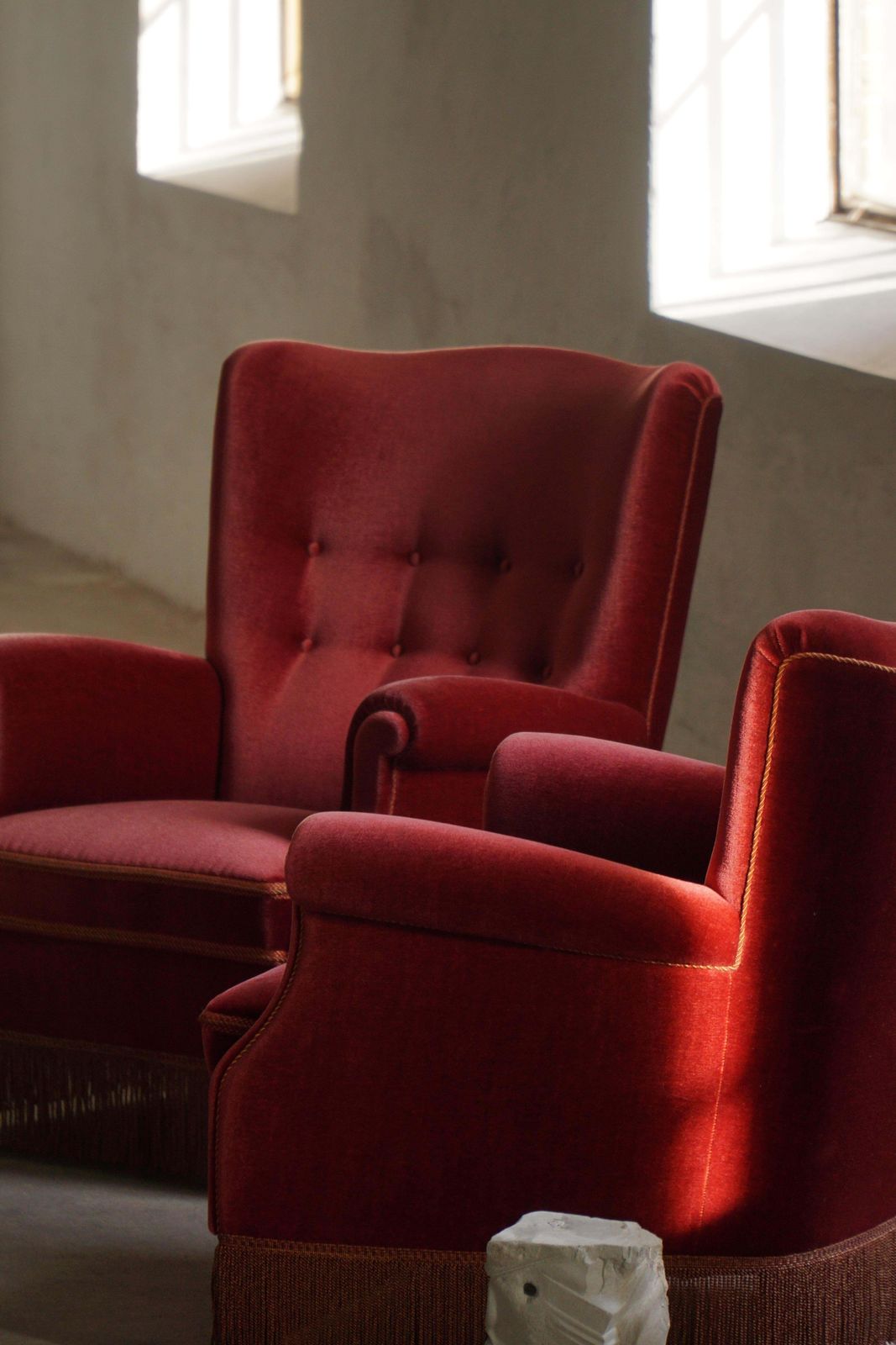 Pair Of Danish Modern Lounge Chairs, Cherry Red Velvet, 1950s photo Furniture