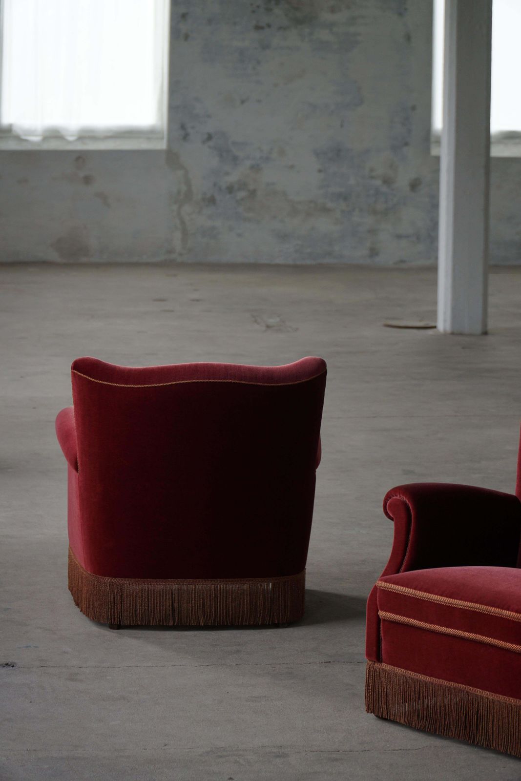 Pair Of Danish Modern Lounge Chairs, Cherry Red Velvet, 1950s photo buy