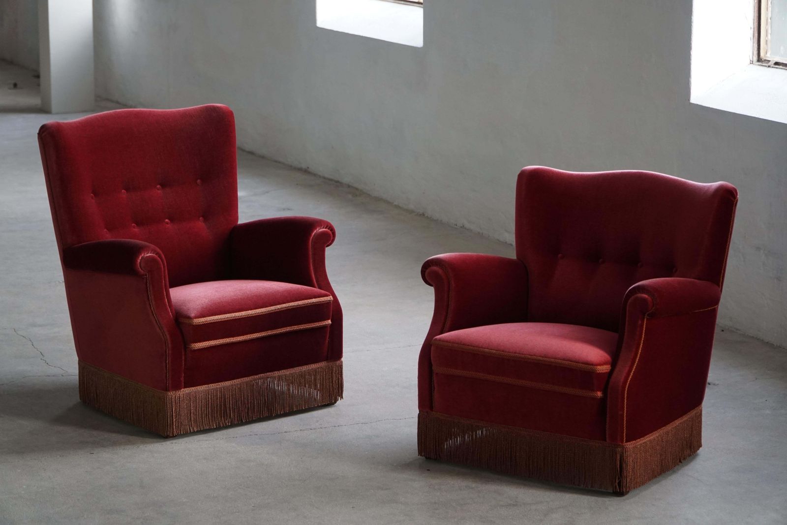 Furniture Pair Of Danish Modern Lounge Chairs, Cherry Red Velvet, 1950s photo
