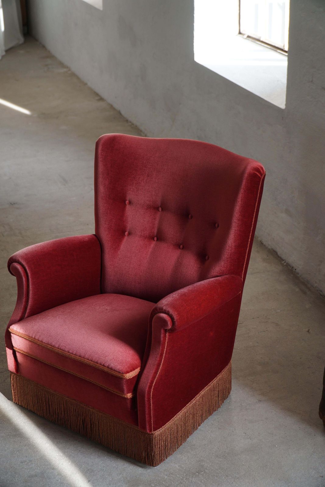 2896.0 Pair Of Danish Modern Lounge Chairs, Cherry Red Velvet, 1950s photo
