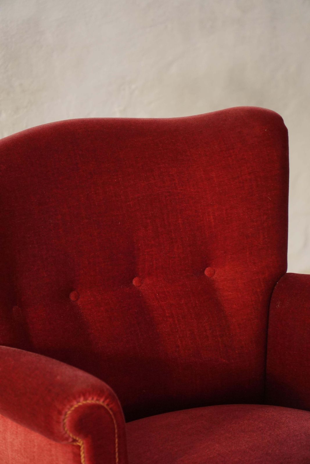 photo buy Pair Of Danish Modern Lounge Chairs, Cherry Red Velvet, 1950s