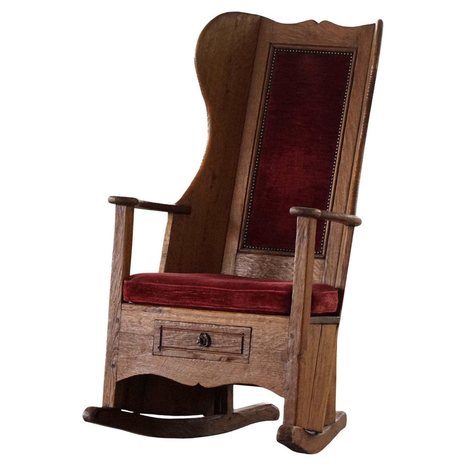 Antique English Lambing Rocking Chair With Red Velvet Upholstery, 19th Century