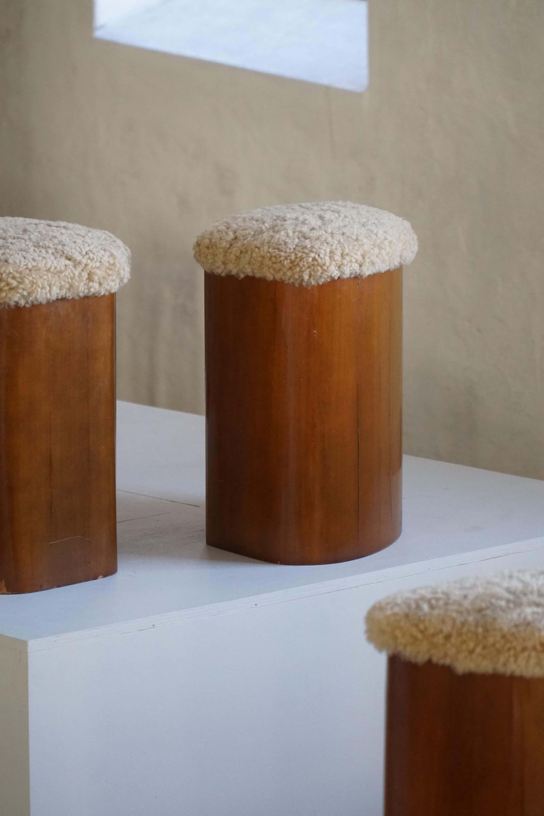 Furniture Set Of 4 Sculptural French Art Deco Stools In Wood & Lambswool, 1940s photo