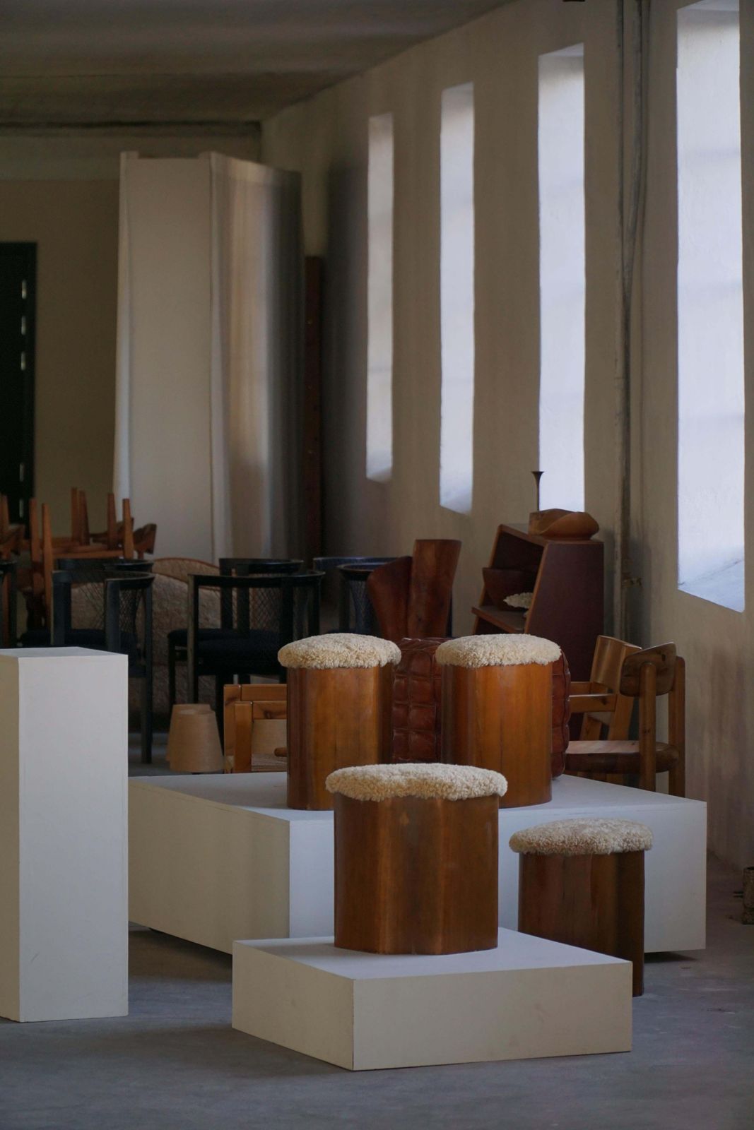 photo buy Set Of 4 Sculptural French Art Deco Stools In Wood & Lambswool, 1940s