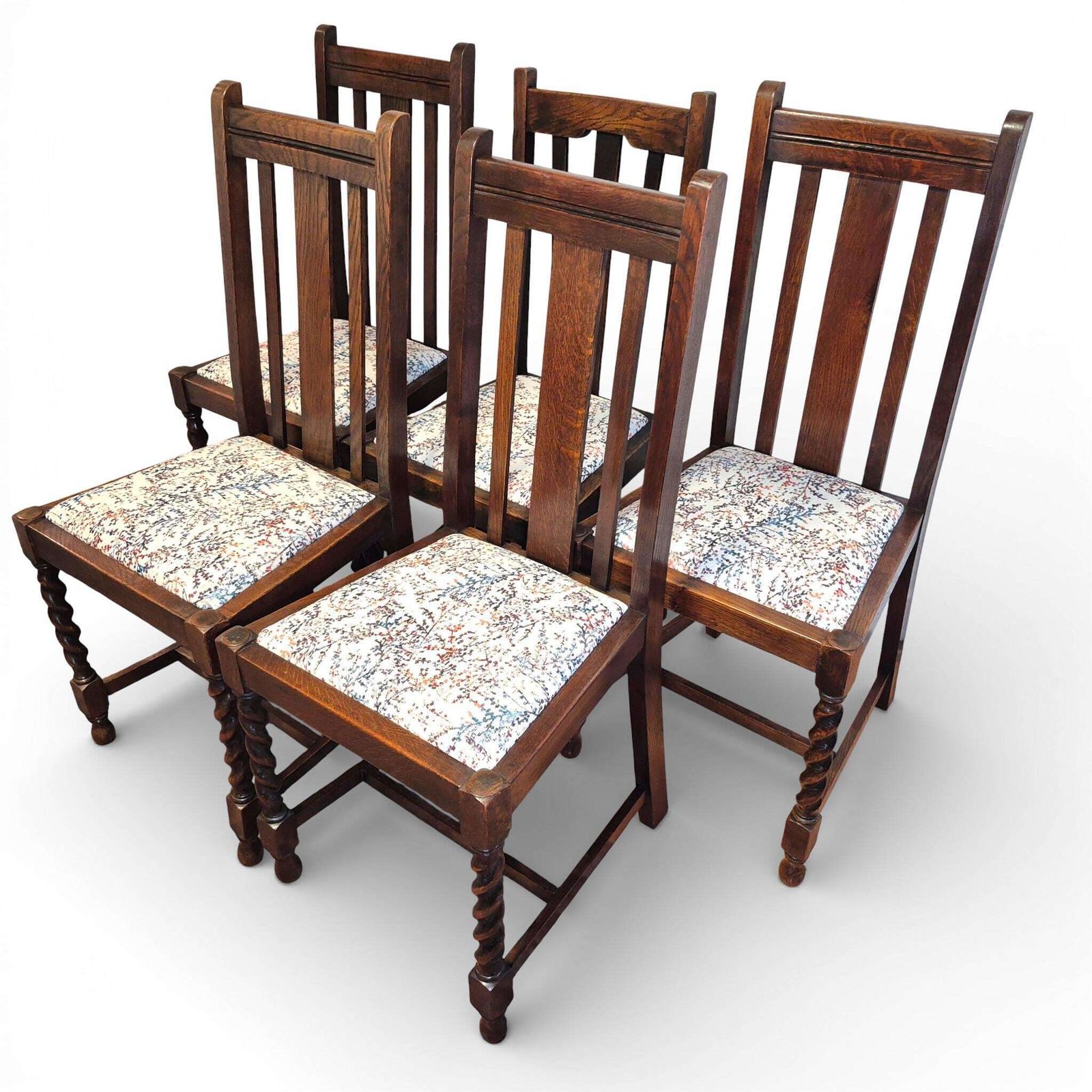 Set Of 5 Oak Barley Twist Dining Chairs | Vintage Oak Chairs | Upholstered Seats