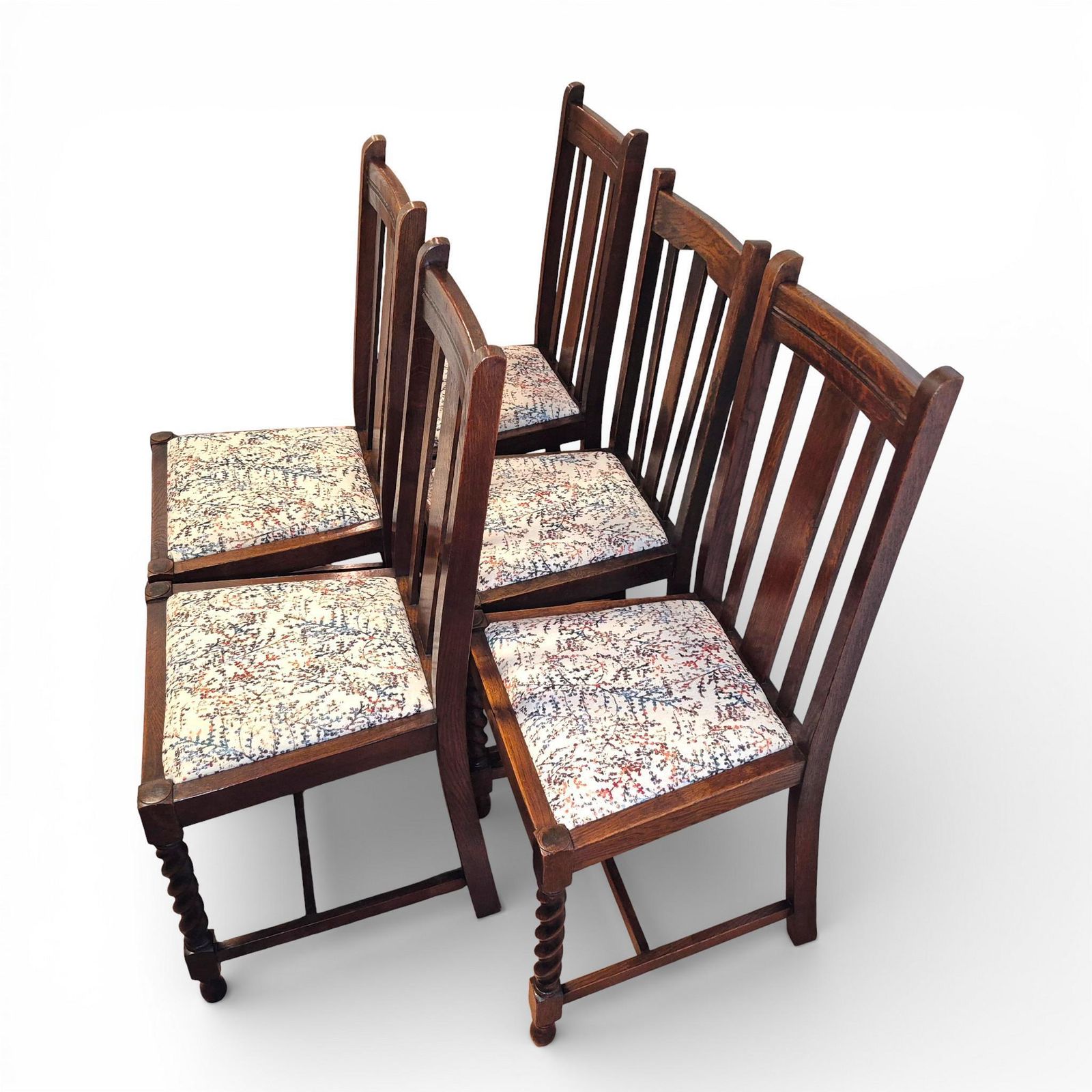 Set Of 5 Oak Barley Twist Dining Chairs | Vintage Oak Chairs | Upholstered Seats photo 495.0