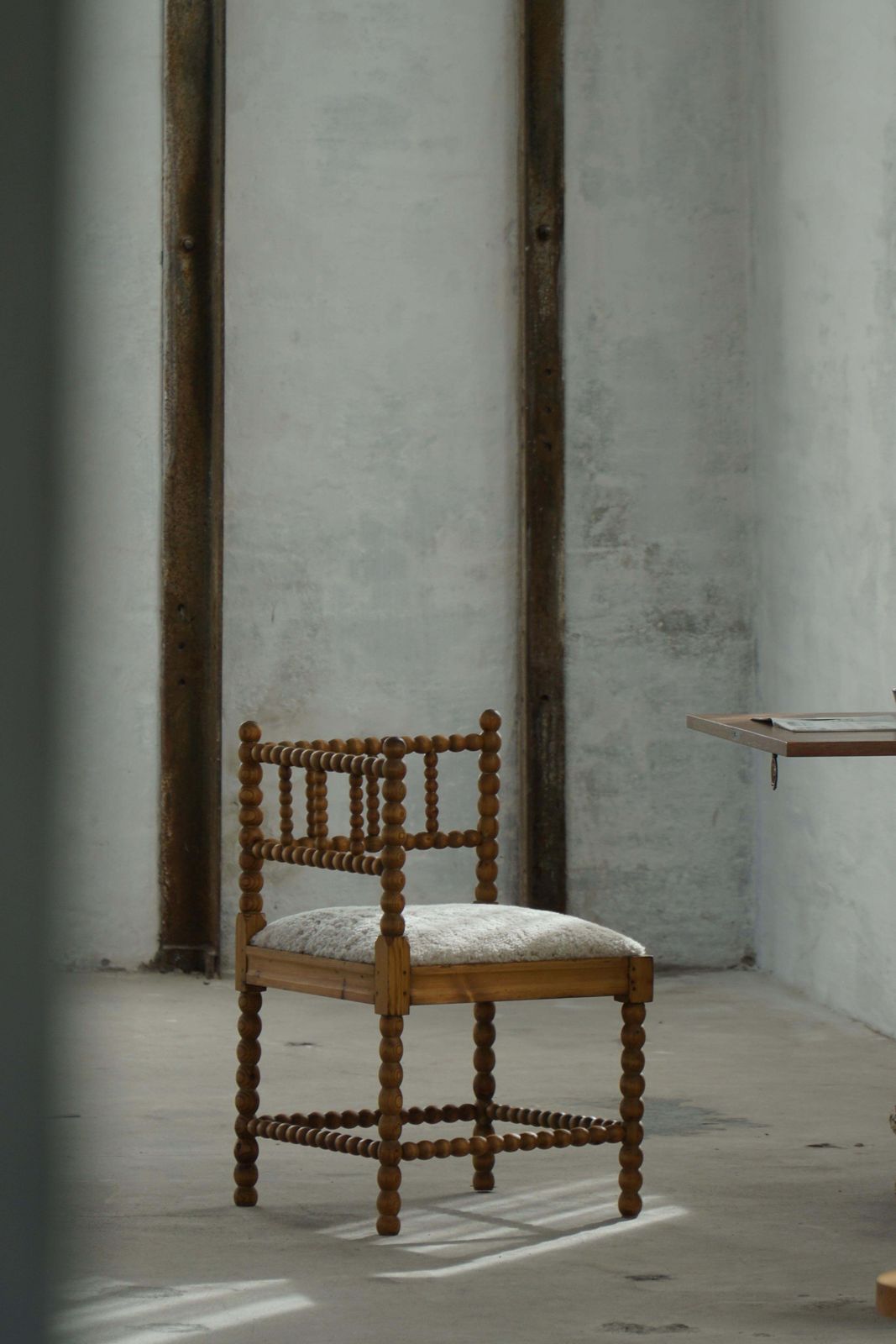French Antique Hand Crafted Bobbin Corner Chair With Lambswool, Early 20th C photo furniture