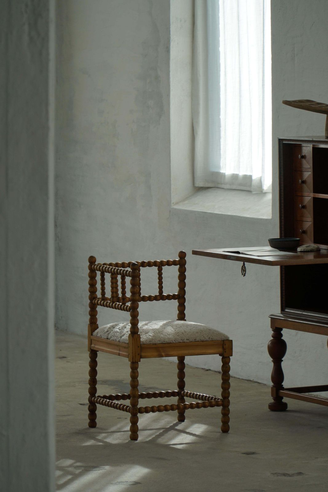 photo furniture French Antique Hand Crafted Bobbin Corner Chair With Lambswool, Early 20th C