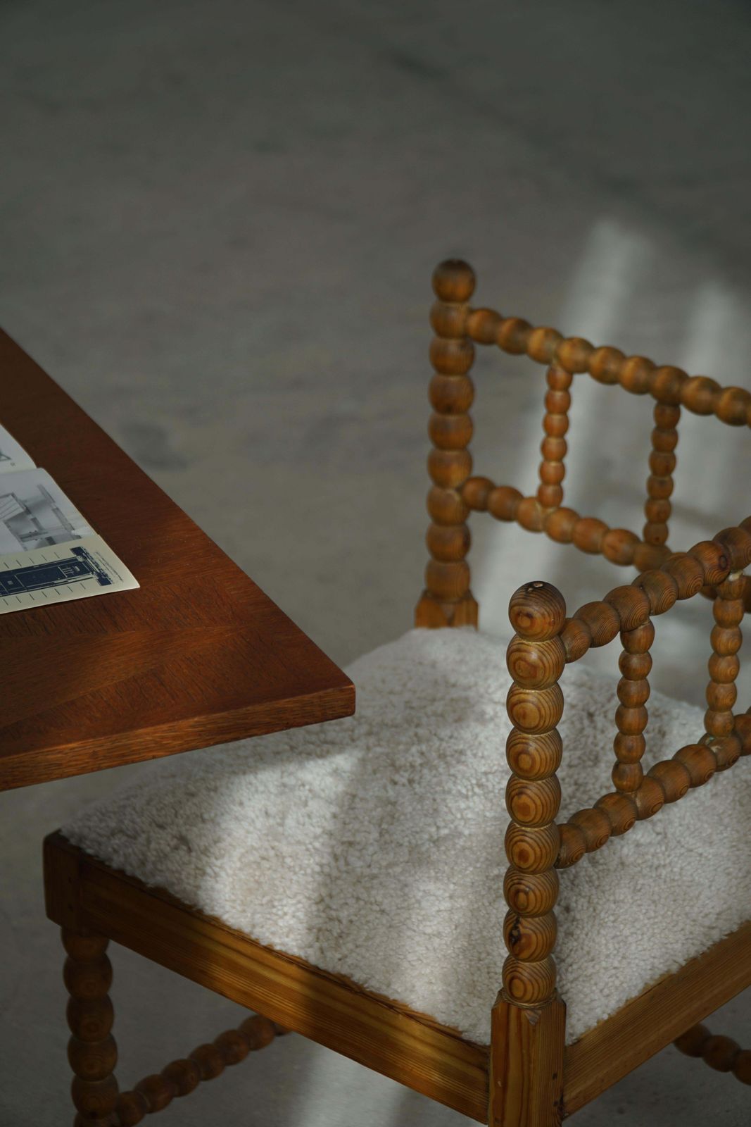 Furniture French Antique Hand Crafted Bobbin Corner Chair With Lambswool, Early 20th C photo