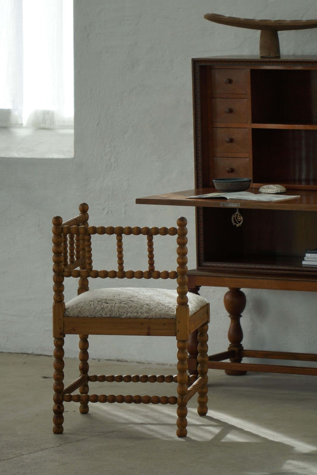 photo buy French Antique Hand Crafted Bobbin Corner Chair With Lambswool, Early 20th C