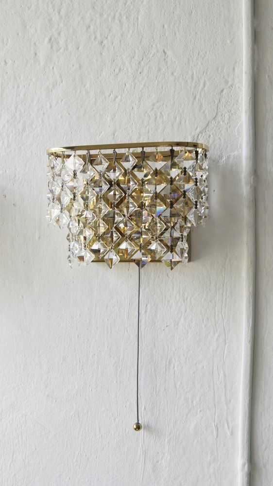 Hollywood Regency Brass And Crystal Glass Wall Lamps From Palwa, Set Of 2 photo for sale
