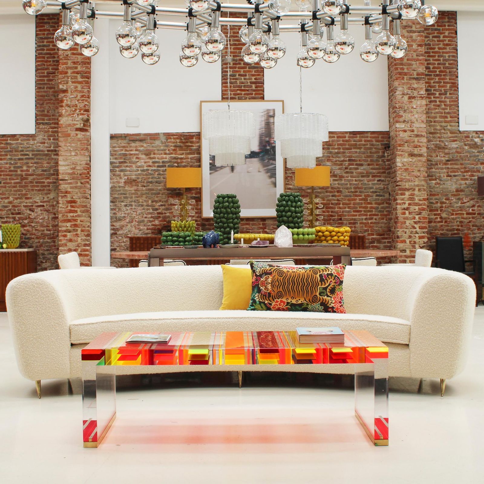 Furniture Curved Four Seat Italian Sofas With Brass Legs And Ivory Bouclé, Set Of Two photo