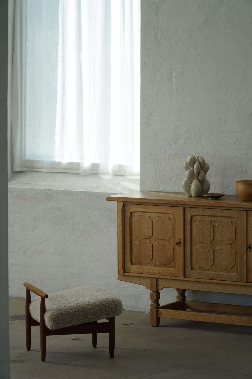 Eivind A. Johansen, Oak Footstool With Light Lambswool Upholstery For Fdb Møbler photo for sale