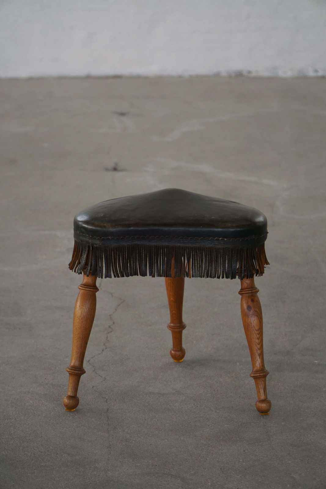 Early 20th Century, Danish Tripod Oak Stool With Leather Fringe, 1930s photo Furniture
