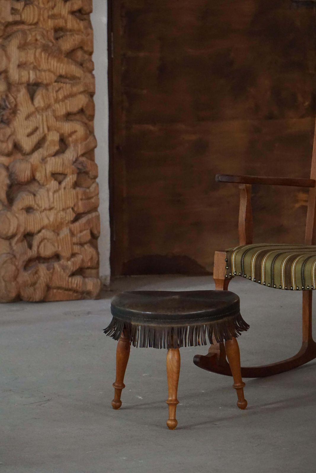 photo for sale Early 20th Century, Danish Tripod Oak Stool With Leather Fringe, 1930s