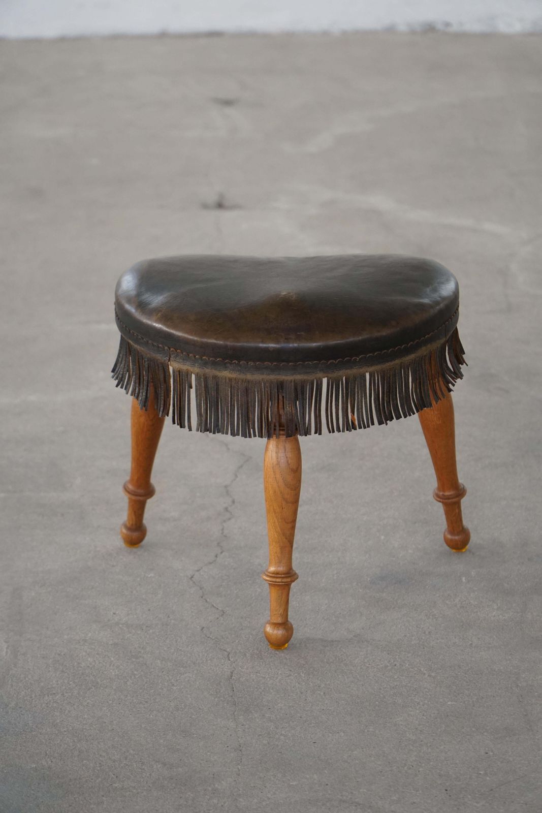 photo buy Early 20th Century, Danish Tripod Oak Stool With Leather Fringe, 1930s