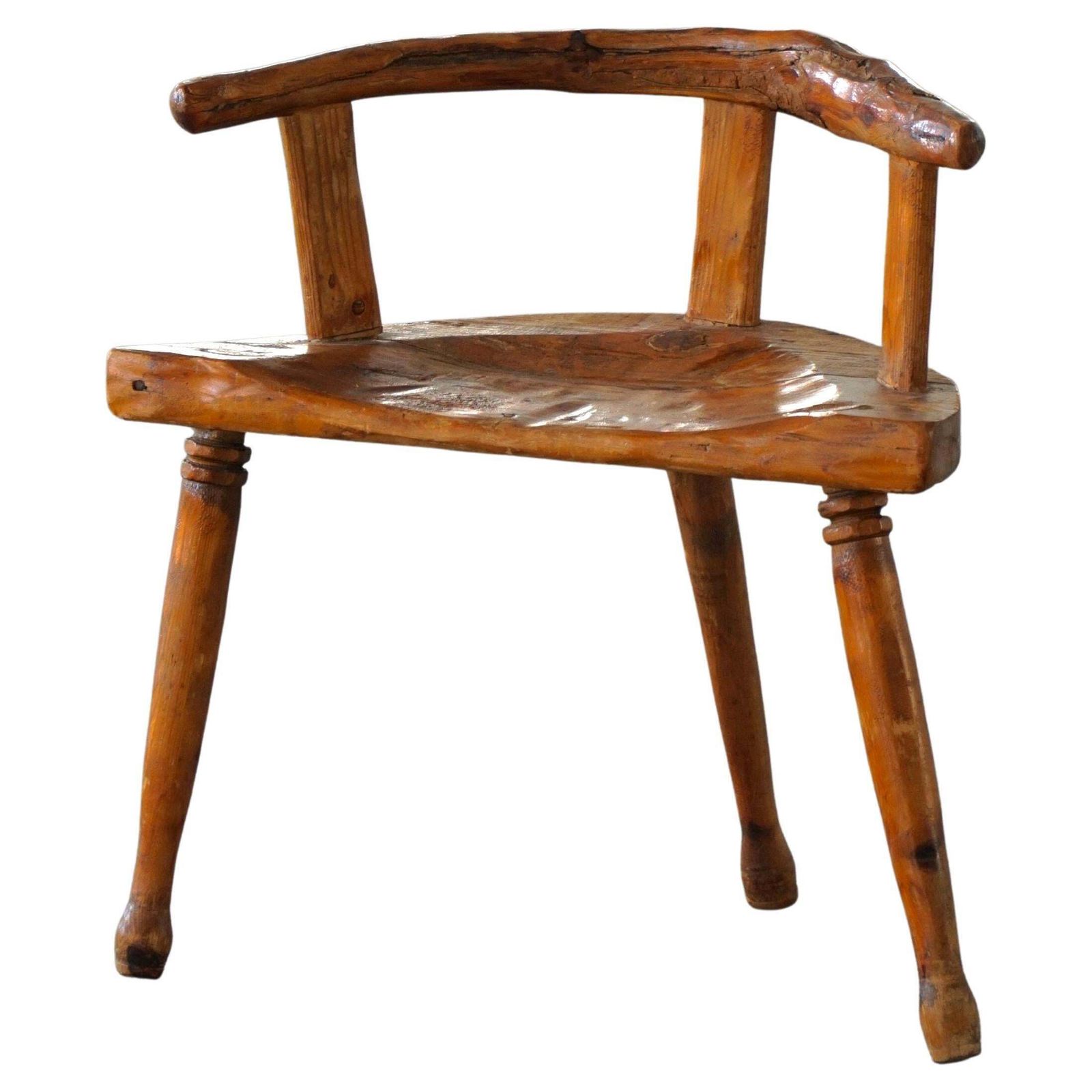 Early 20th Century, Scandinavian Folk Art Three Legged Chair In Pine, Wabi Sabi