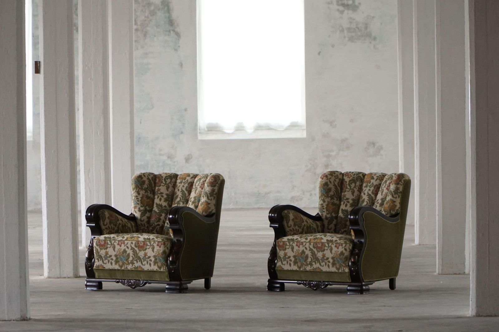 Pair Of Danish Art Nouveau Easy Chairs In Floral Embroidered Velour, 1920s photo furniture
