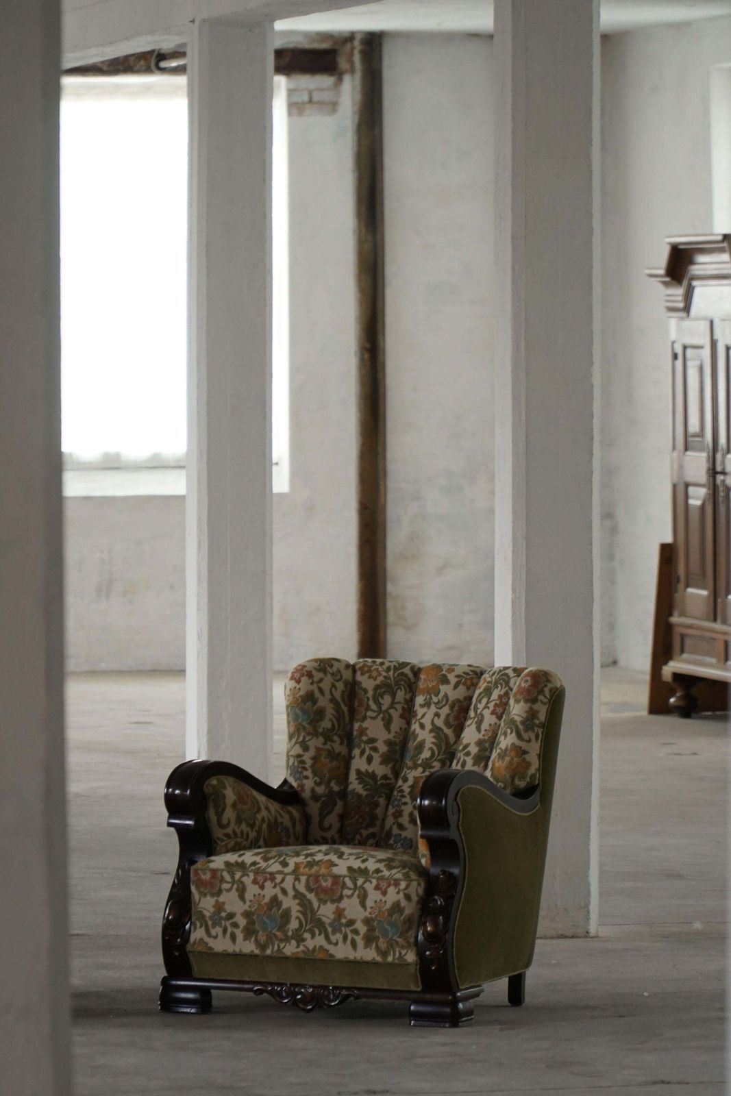 Pair Of Danish Art Nouveau Easy Chairs In Floral Embroidered Velour, 1920s photo vintage