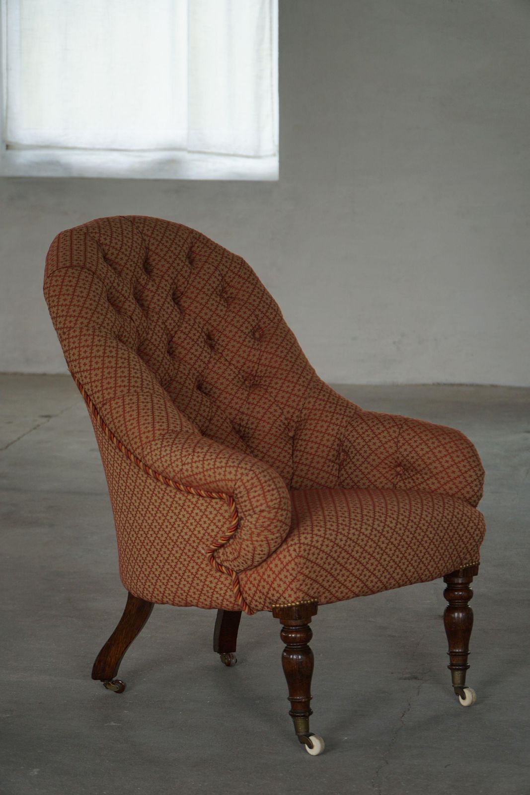 Victorian Armchair In Mahogany, Wheels & Colorful Fabric, England, Early 1900s photo for sale