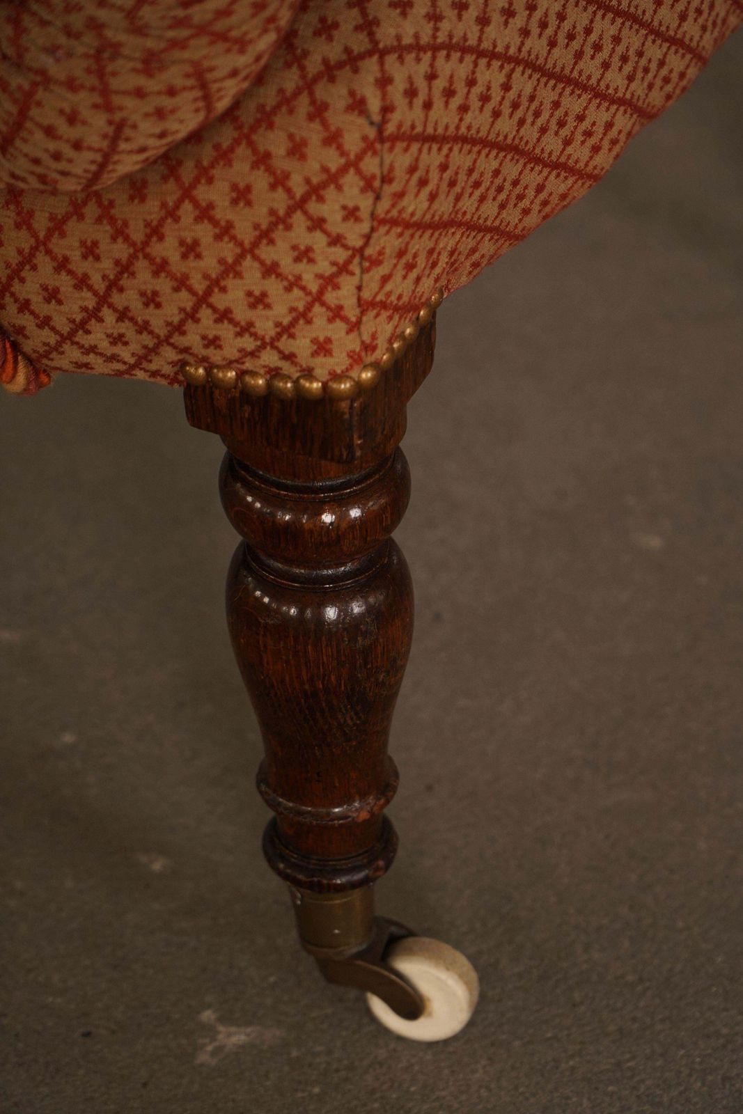 photo buy Victorian Armchair In Mahogany, Wheels & Colorful Fabric, England, Early 1900s