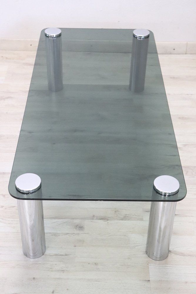 Coffee Table In Chromed Metal And Smoked Glass, 1970s photo vinterior