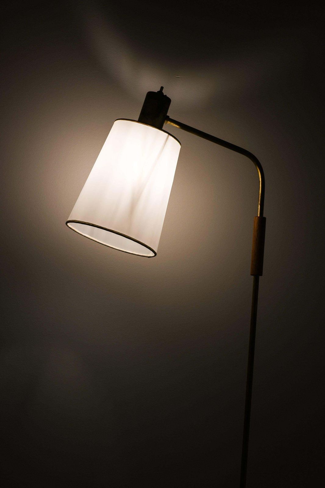 Rare Floor Lamp In Brass, Teak And Lamp Shade, 1950's photo for sale