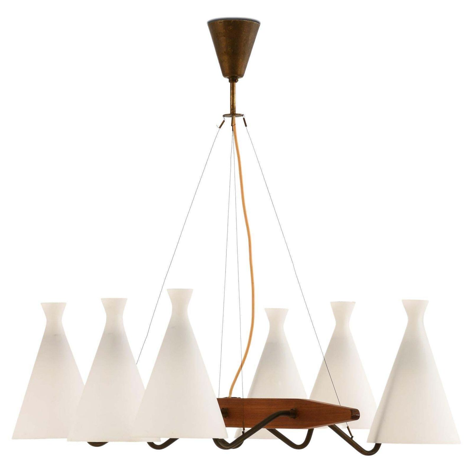 Ceiling Lamp In Teak, Brass & Opaline Glass By Svend Aage Holm Sørensen, 1950's