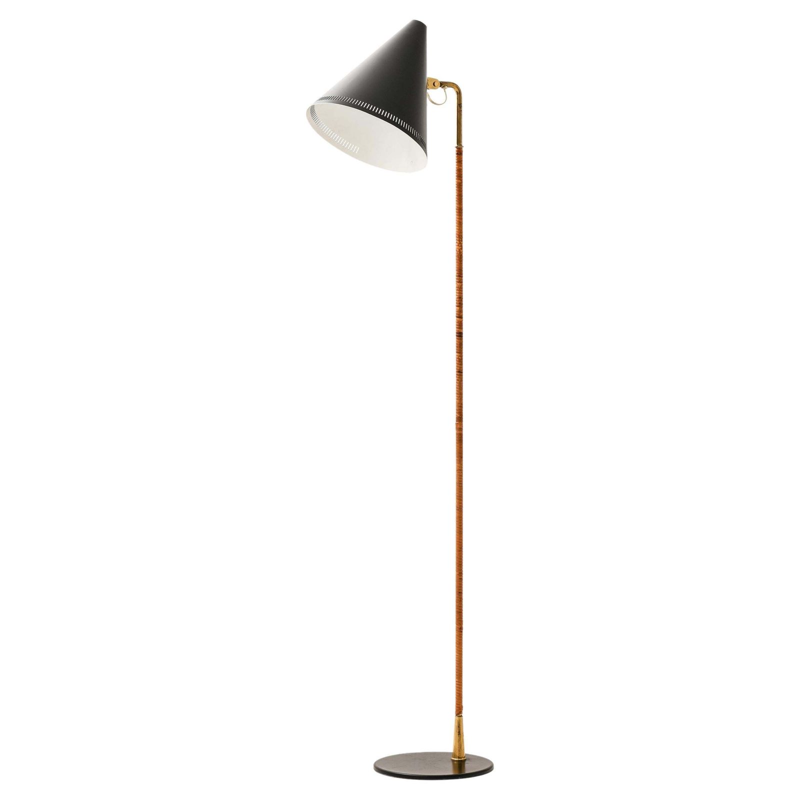 Early Floor Lamp In Black Metal, Brass And Wrapped Cane By Paavo Tynell, 1940's