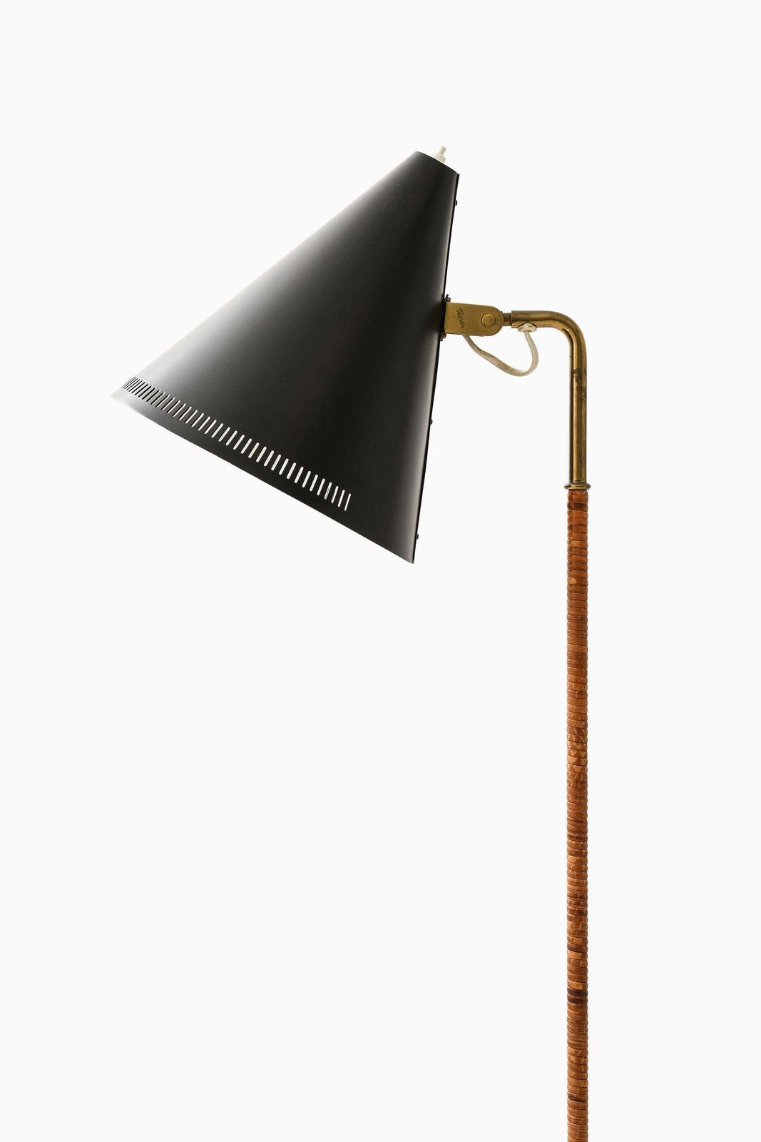 Early Floor Lamp In Black Metal, Brass And Wrapped Cane By Paavo Tynell, 1940's photo for sale