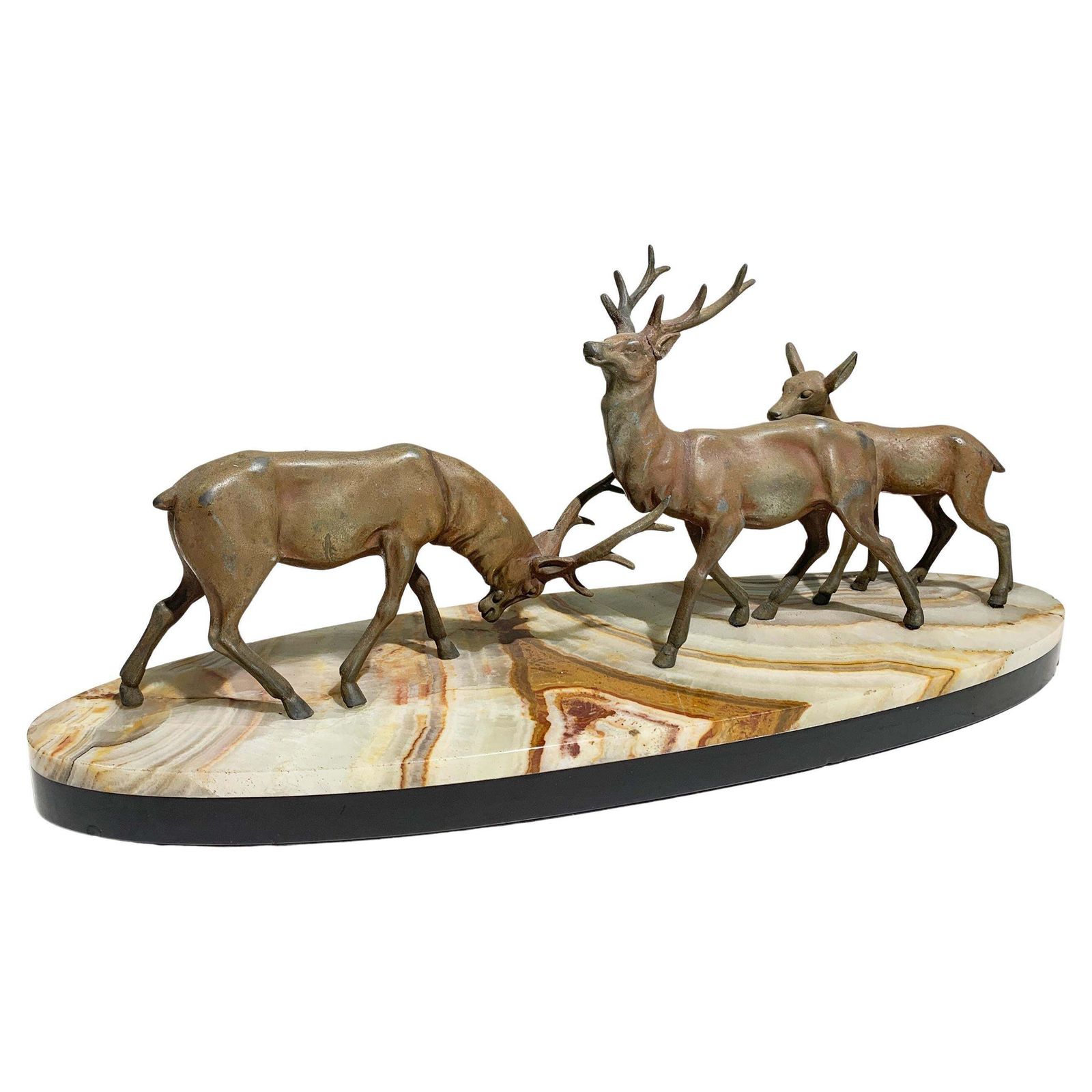 French Art Deco Stag And Doe Sculpture, Spelter With Marble Base, 1930's