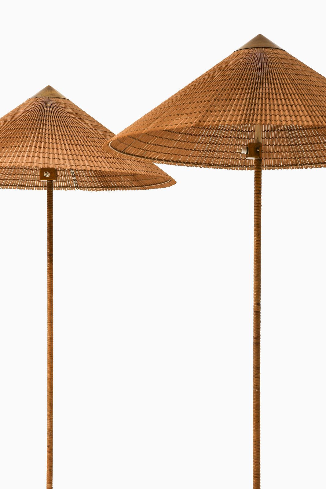 Pair Of Floor Lamps In Brass, Cane And Cane Shades By Paavo Tynell, 1950's photo furniture