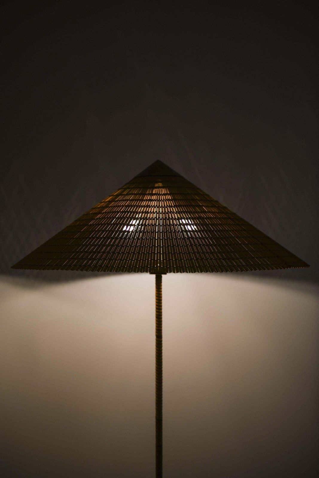 Pair Of Floor Lamps In Brass, Cane And Cane Shades By Paavo Tynell, 1950's photo vinterior