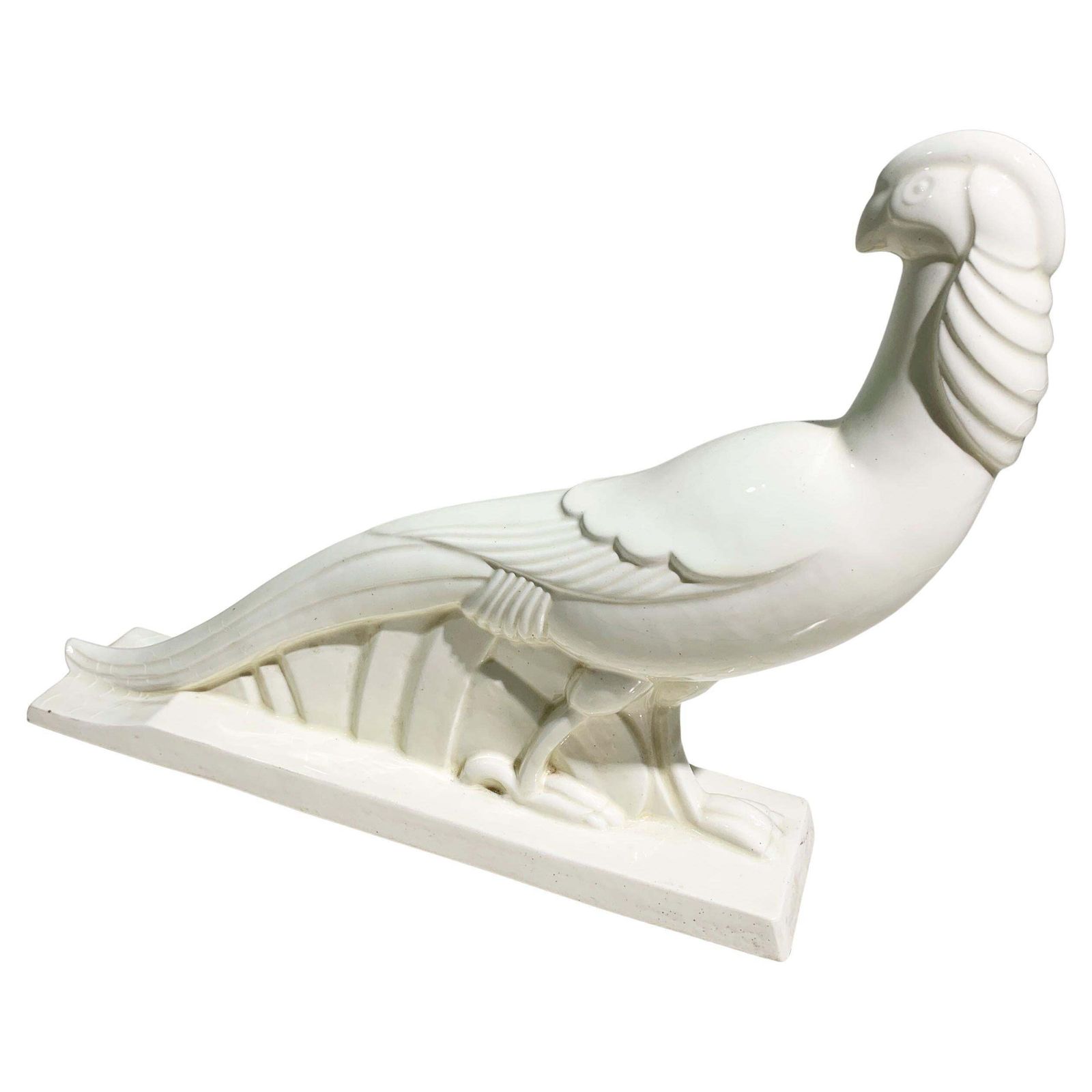 Art Deco Style Glazed White Ceramic Pheasant Sculpture, Circa 1940, France