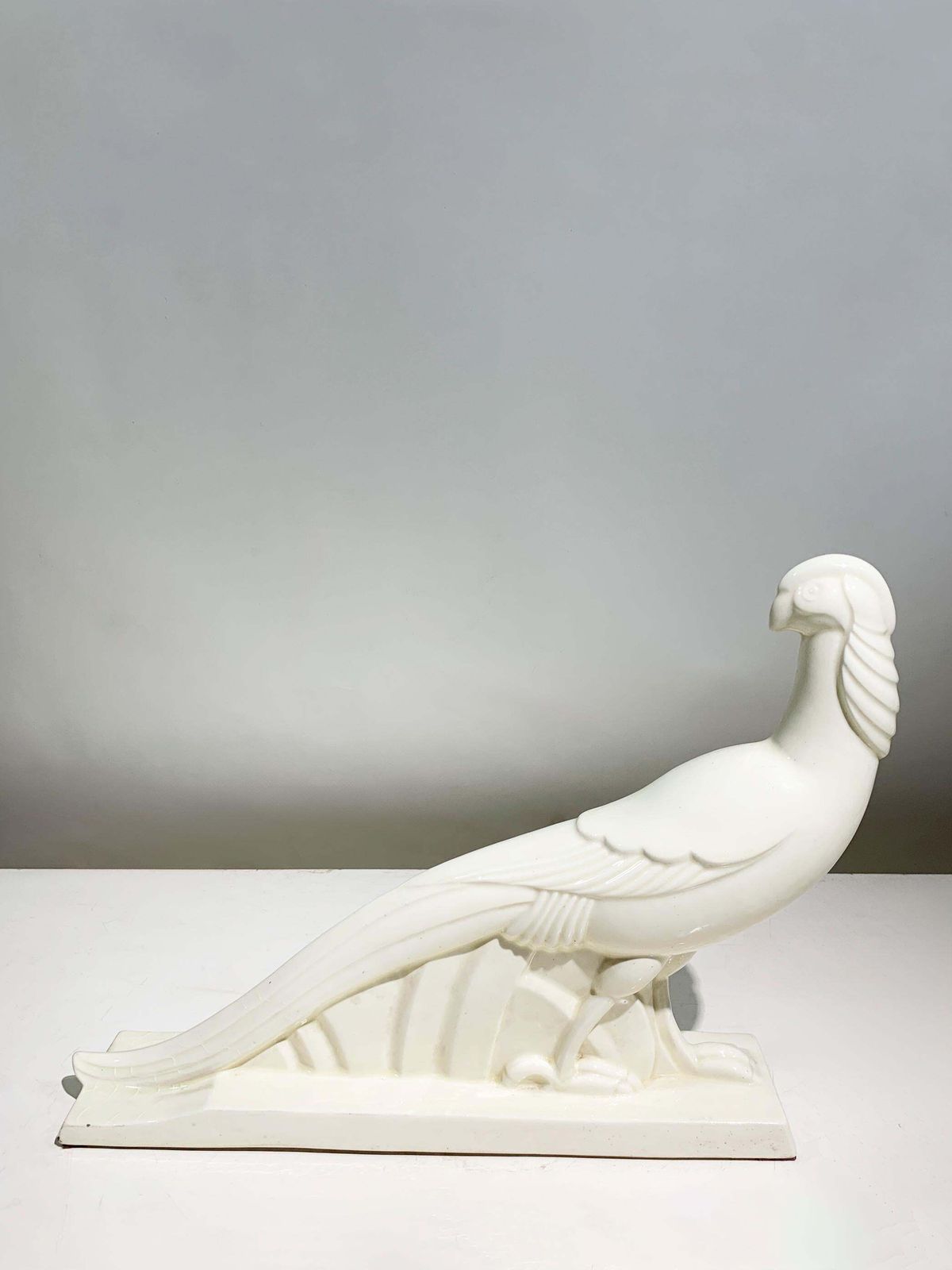 Art Deco Style Glazed White Ceramic Pheasant Sculpture, Circa 1940, France photo for sale