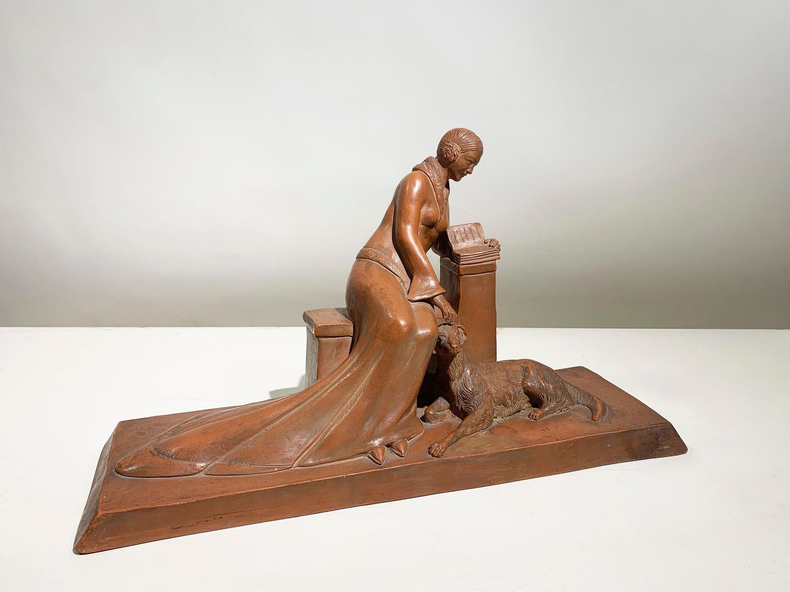 Art Deco Terracotta Sculpture Of A Seated Woman With Dog Signed"Eribe"Circa 1930 photo furniture