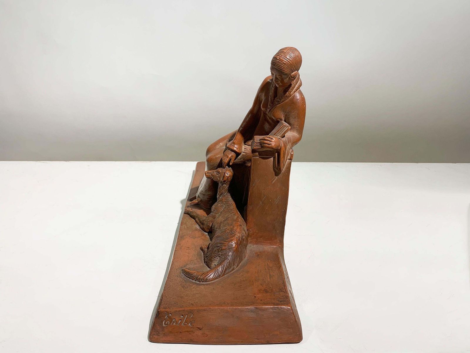 Art Deco Terracotta Sculpture Of A Seated Woman With Dog Signed"Eribe"Circa 1930 photo Art