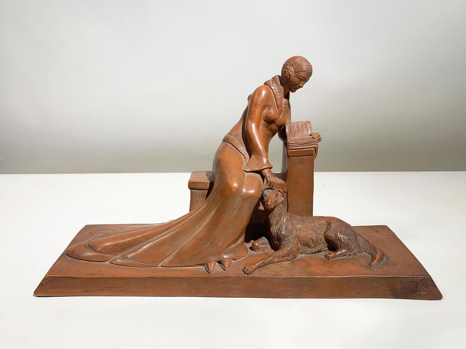 photo furniture Art Deco Terracotta Sculpture Of A Seated Woman With Dog Signed"Eribe"Circa 1930