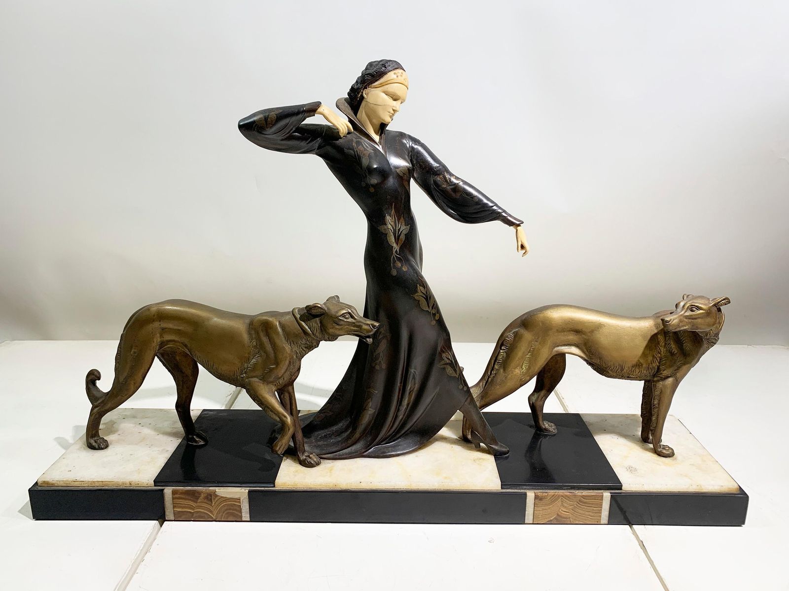 Art Deco Sculpture Of Woman Walking Borzois Attributed To Georges Gori photo 4596.0