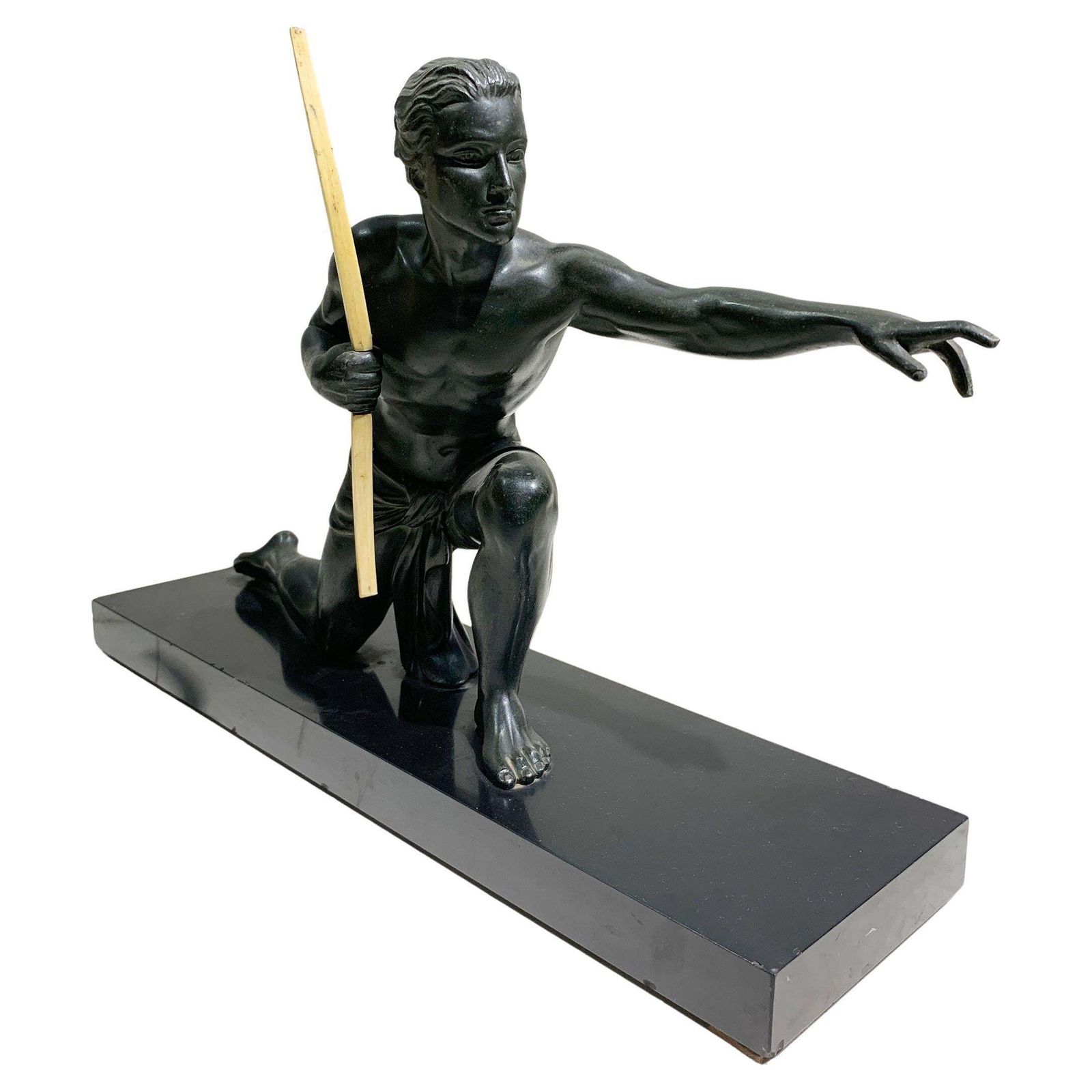 French Art Deco 'Archer' Sculpture On Black Base, Attributed To J. De Roncourt