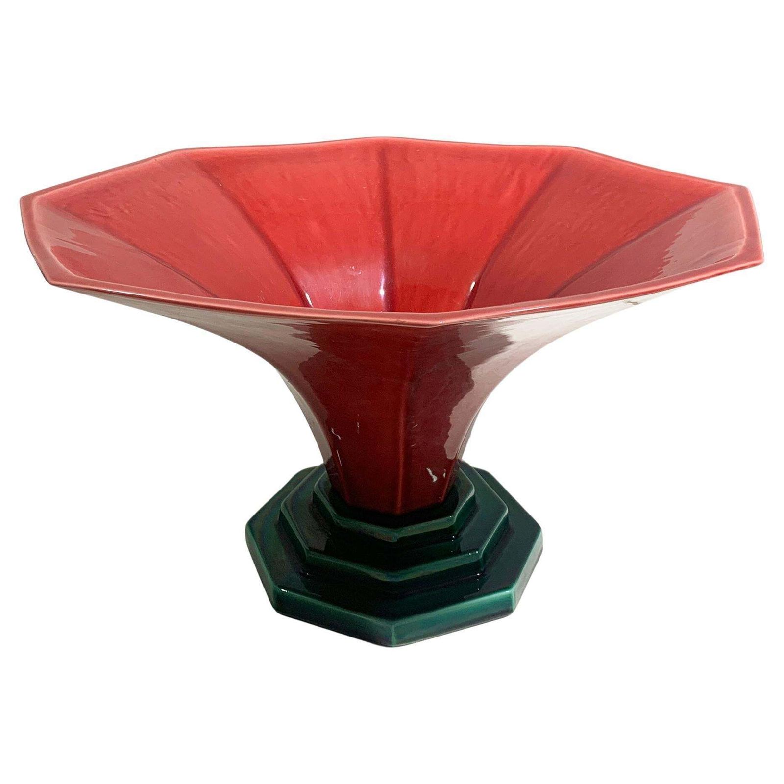 François Chatain Ceramic Bowl In Red And Green, Art Deco Style, France, 1980's